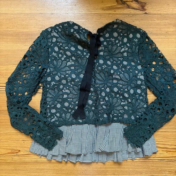 Anthropologie Mauve Gabriella black white gingham lace peplum blouse SIZE S - Picture 4 of 5